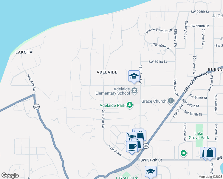 map of restaurants, bars, coffee shops, grocery stores, and more near 2001 Southwest 304th Street in Federal Way