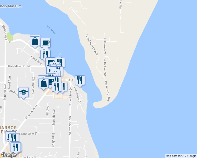 map of restaurants, bars, coffee shops, grocery stores, and more near 7822 Goodman Drive Northwest in Gig Harbor