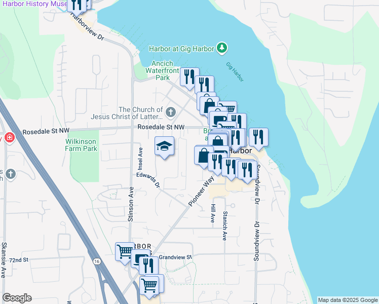 map of restaurants, bars, coffee shops, grocery stores, and more near 7809 Chinook Avenue in Gig Harbor