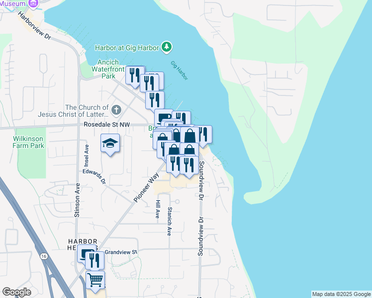 map of restaurants, bars, coffee shops, grocery stores, and more near 3025 Harborview Drive in Gig Harbor