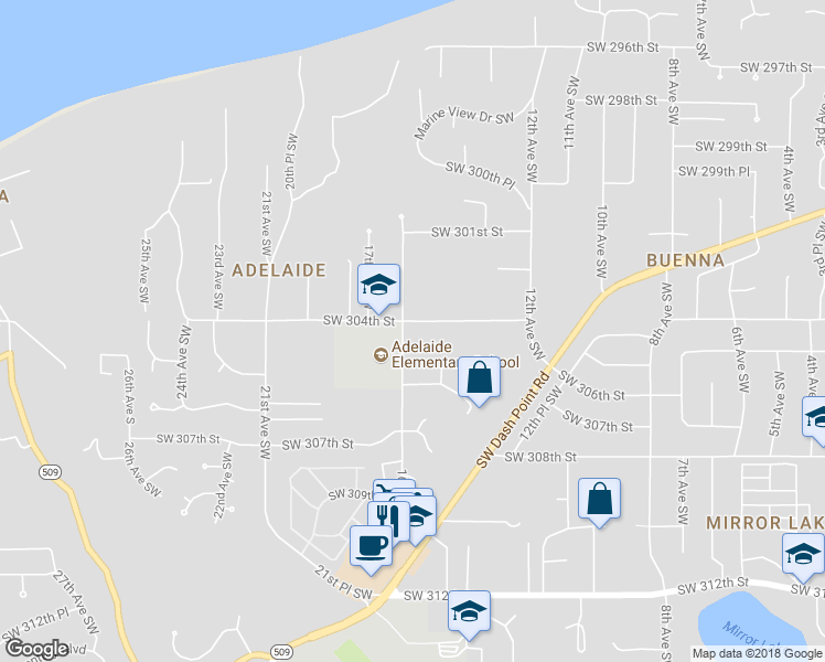 map of restaurants, bars, coffee shops, grocery stores, and more near 1439 Southwest 304th Street in Federal Way