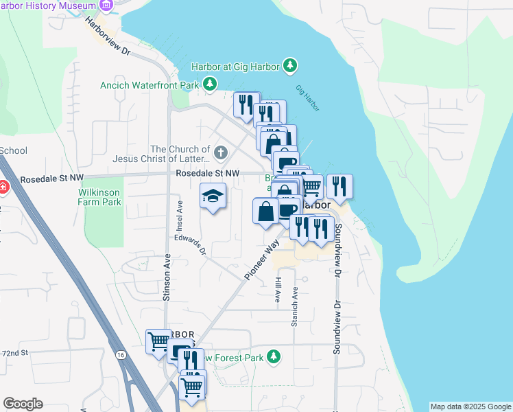 map of restaurants, bars, coffee shops, grocery stores, and more near 3323 Tarabochia Street in Gig Harbor