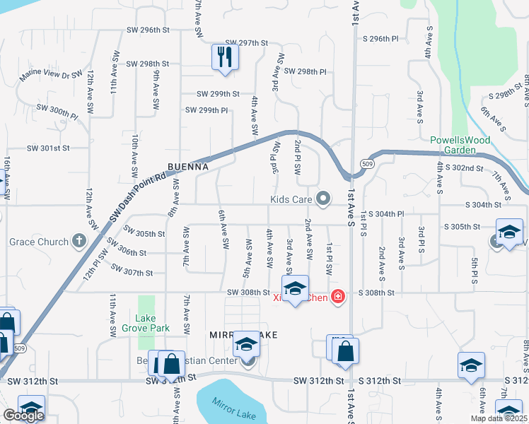 map of restaurants, bars, coffee shops, grocery stores, and more near 405 Southwest 304th Street in Federal Way
