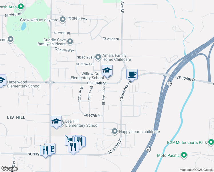 map of restaurants, bars, coffee shops, grocery stores, and more near 13022 Southeast 305th Place in Auburn