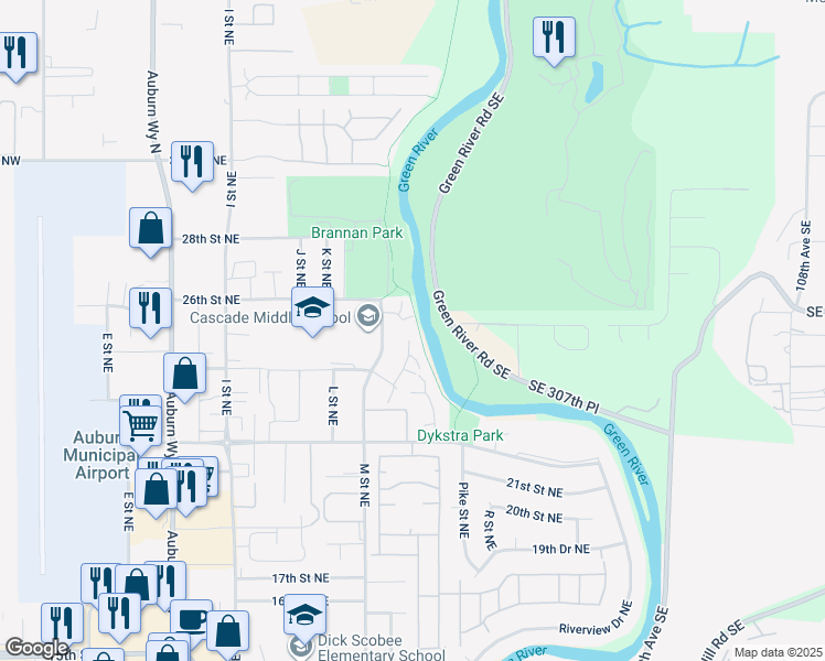 map of restaurants, bars, coffee shops, grocery stores, and more near 2520 M Place Northeast in Auburn