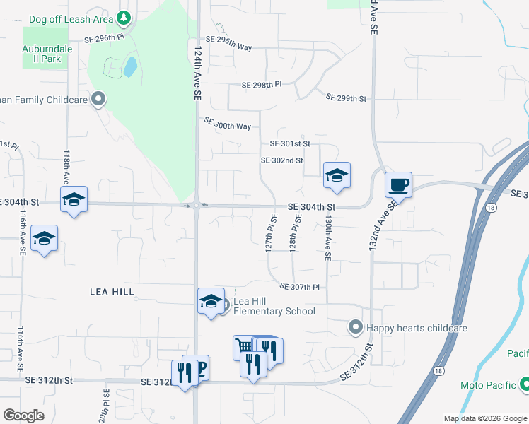 map of restaurants, bars, coffee shops, grocery stores, and more near 12633 Southeast 304th street in Auburn