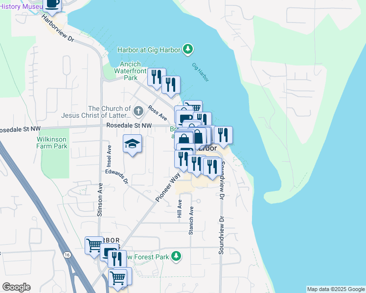 map of restaurants, bars, coffee shops, grocery stores, and more near in Gig Harbor