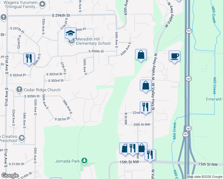 map of restaurants, bars, coffee shops, grocery stores, and more near 2432 T Street Northwest in Auburn