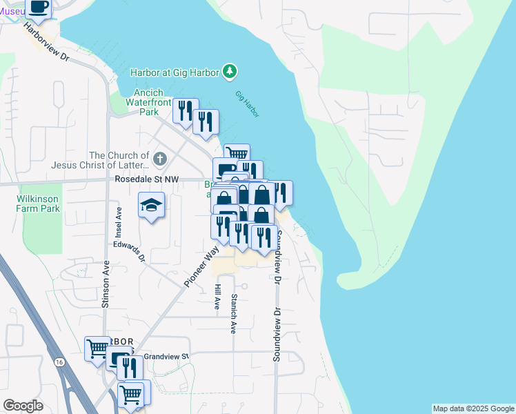 map of restaurants, bars, coffee shops, grocery stores, and more near 3025 Harborview Drive in Gig Harbor