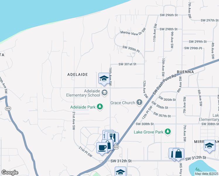 map of restaurants, bars, coffee shops, grocery stores, and more near 1439 Southwest 304th Street in Federal Way
