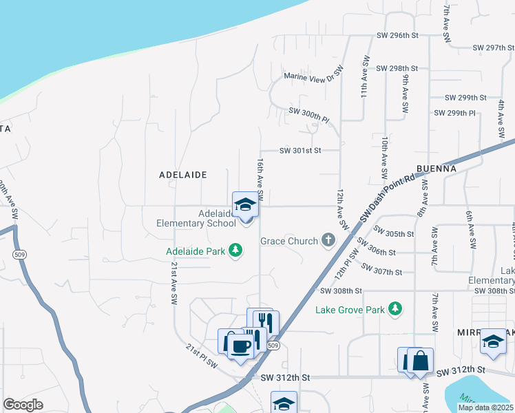 map of restaurants, bars, coffee shops, grocery stores, and more near 1635 Southwest 304th Street in Federal Way