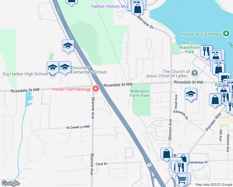 map of restaurants, bars, coffee shops, grocery stores, and more near 4418 Rosedale Street Northwest in Gig Harbor