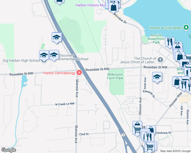 map of restaurants, bars, coffee shops, grocery stores, and more near 4418 Rosedale Street Northwest in Gig Harbor