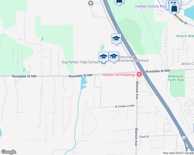 map of restaurants, bars, coffee shops, grocery stores, and more near 7957 Schoolhouse Avenue Northwest in Gig Harbor