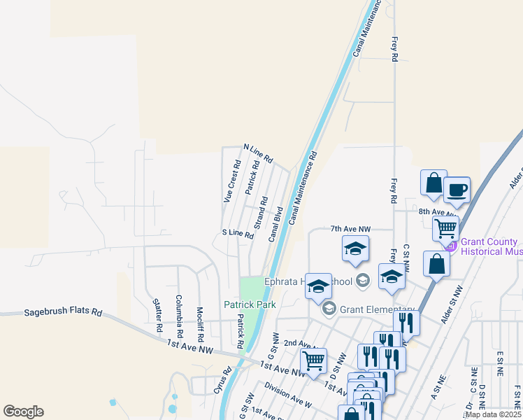 map of restaurants, bars, coffee shops, grocery stores, and more near 398 Strand Road in Ephrata