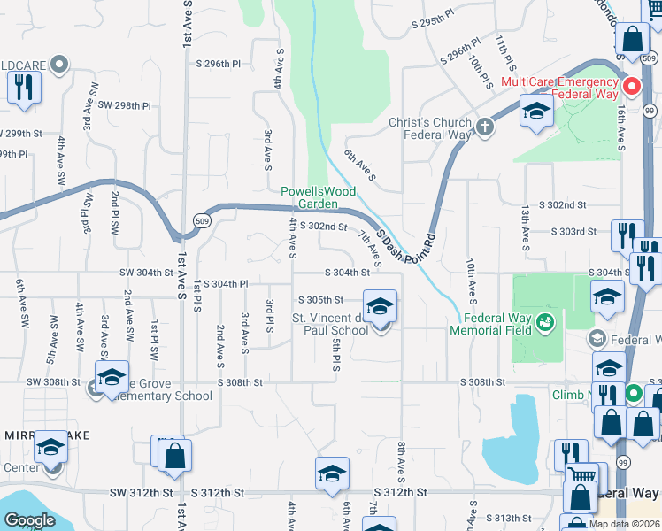 map of restaurants, bars, coffee shops, grocery stores, and more near 440 South 304th Street in Federal Way