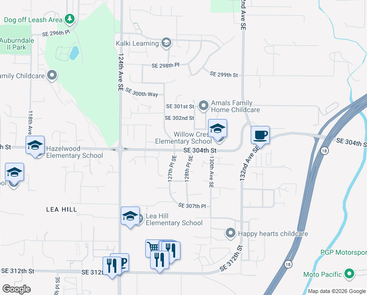 map of restaurants, bars, coffee shops, grocery stores, and more near 30283 129th Avenue Southeast in Auburn