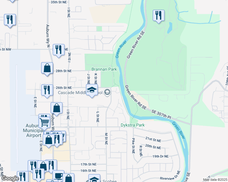 map of restaurants, bars, coffee shops, grocery stores, and more near 2520 M Place Northeast in Auburn