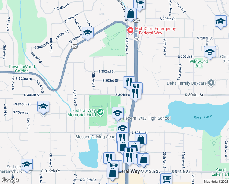 map of restaurants, bars, coffee shops, grocery stores, and more near 1500 South 304th Street in Federal Way