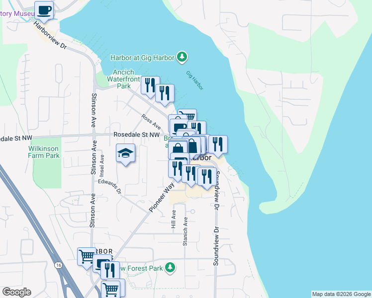 map of restaurants, bars, coffee shops, grocery stores, and more near in Gig Harbor