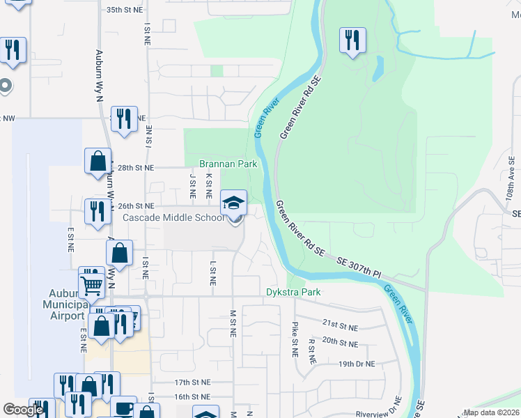 map of restaurants, bars, coffee shops, grocery stores, and more near 2520 M Place Northeast in Auburn