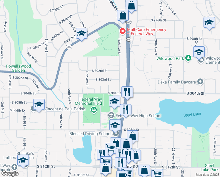map of restaurants, bars, coffee shops, grocery stores, and more near 1500 South 304th Street in Federal Way