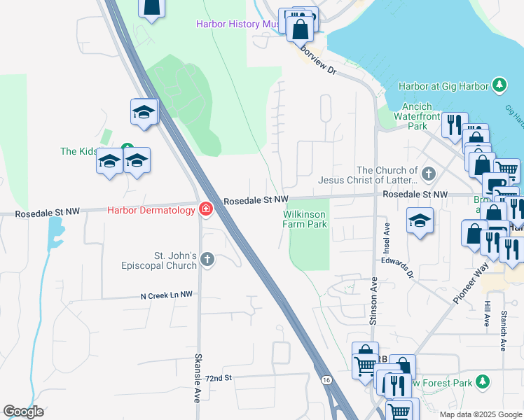 map of restaurants, bars, coffee shops, grocery stores, and more near 4418 Rosedale Street Northwest in Gig Harbor