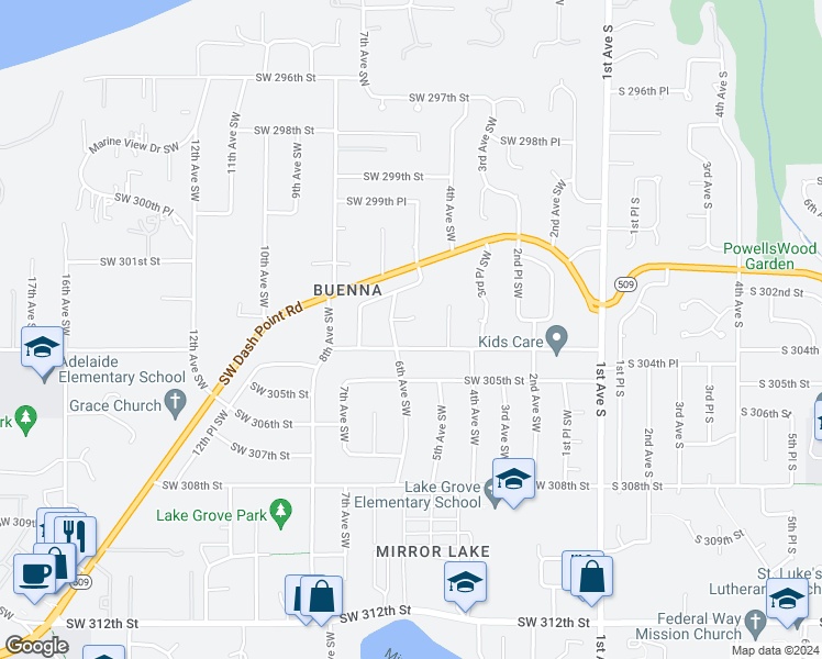 map of restaurants, bars, coffee shops, grocery stores, and more near 519 Southwest 303rd Place in Federal Way