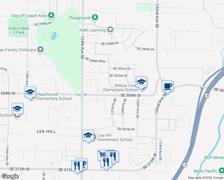 map of restaurants, bars, coffee shops, grocery stores, and more near 12633 Southeast 304th Street in Auburn