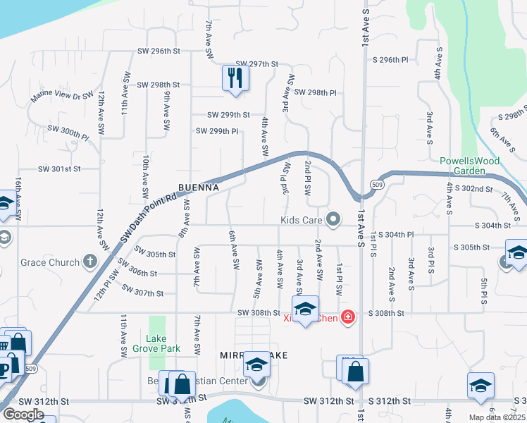 map of restaurants, bars, coffee shops, grocery stores, and more near 405 Southwest 304th Street in Federal Way