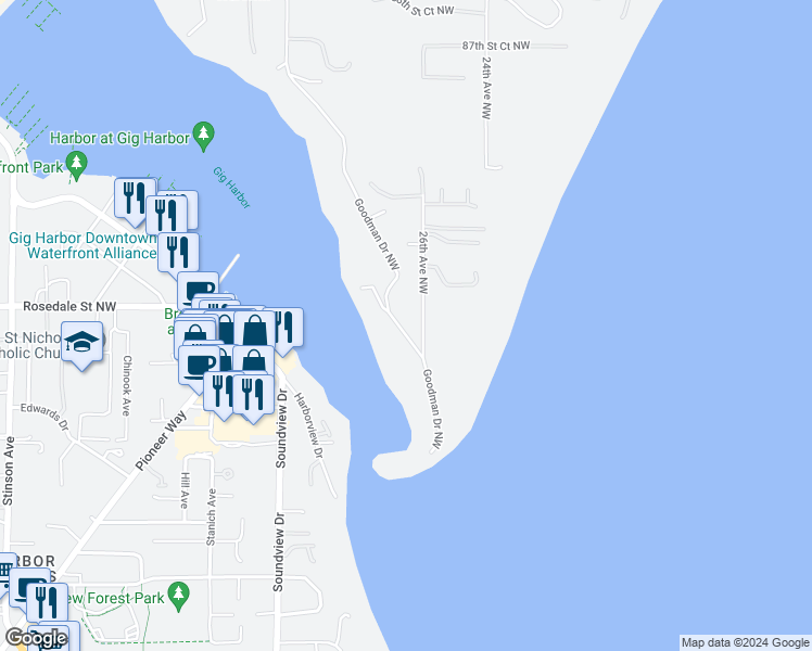map of restaurants, bars, coffee shops, grocery stores, and more near 7921 Goodman Drive Northwest in Gig Harbor