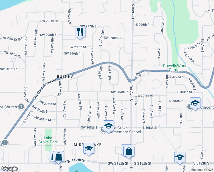 map of restaurants, bars, coffee shops, grocery stores, and more near 229 Southwest 304th Street in Federal Way