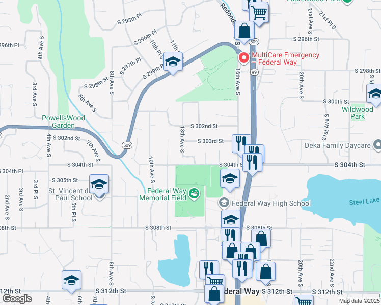 map of restaurants, bars, coffee shops, grocery stores, and more near 30324 13th Avenue South in Federal Way