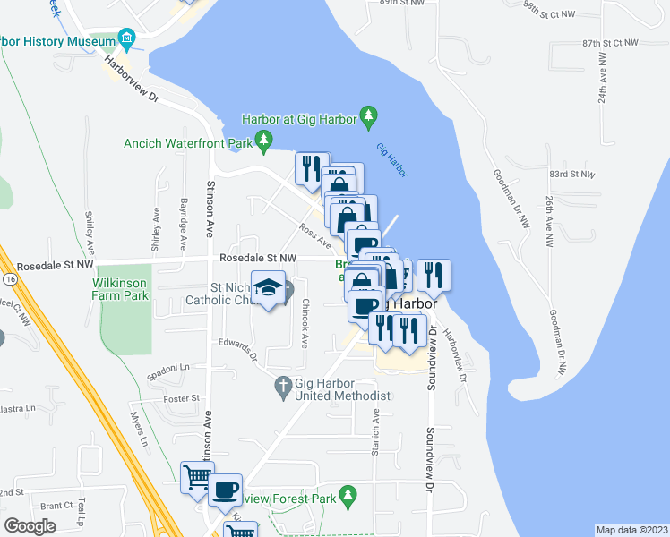 map of restaurants, bars, coffee shops, grocery stores, and more near 3314 Rosedale Street Northwest in Gig Harbor