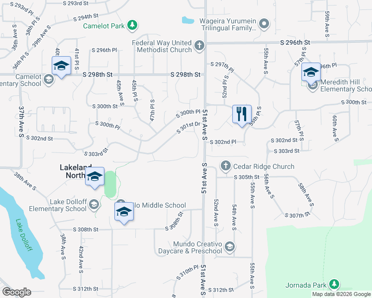 map of restaurants, bars, coffee shops, grocery stores, and more near 4702 South 302nd Lane in Auburn