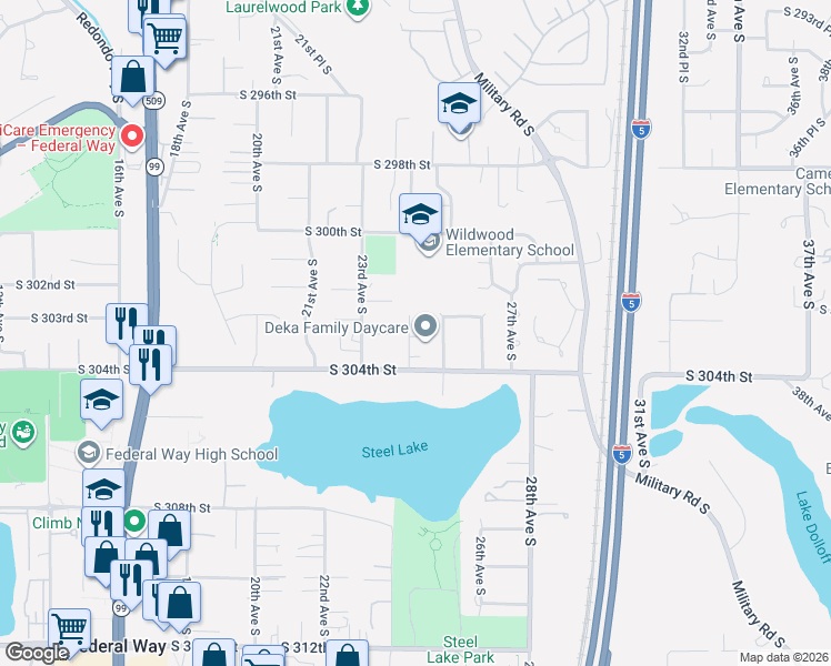 map of restaurants, bars, coffee shops, grocery stores, and more near 30313 24th Place South in Federal Way