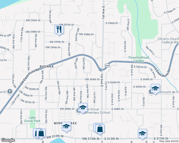 map of restaurants, bars, coffee shops, grocery stores, and more near 30125 2nd Avenue South in Federal Way