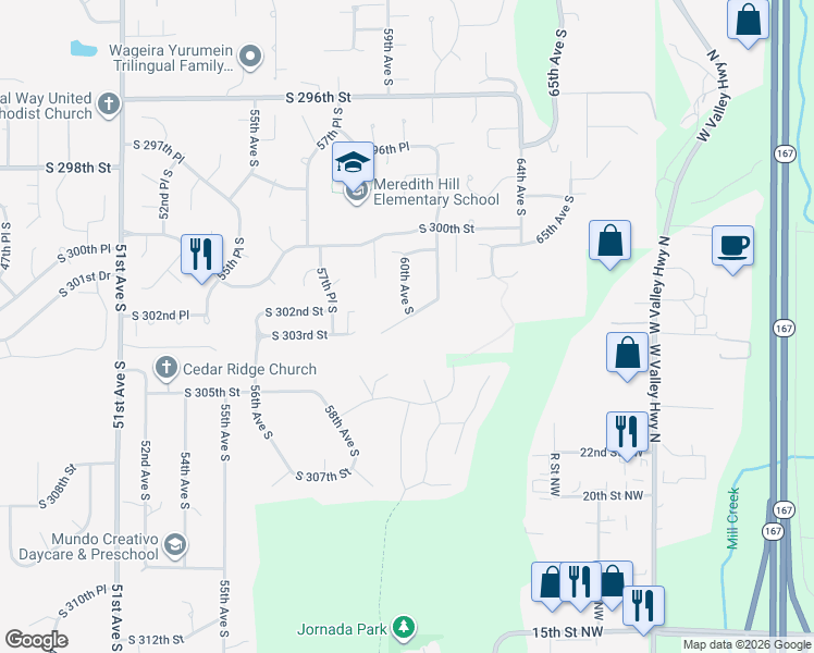 map of restaurants, bars, coffee shops, grocery stores, and more near 6061 South 302nd Street in Auburn