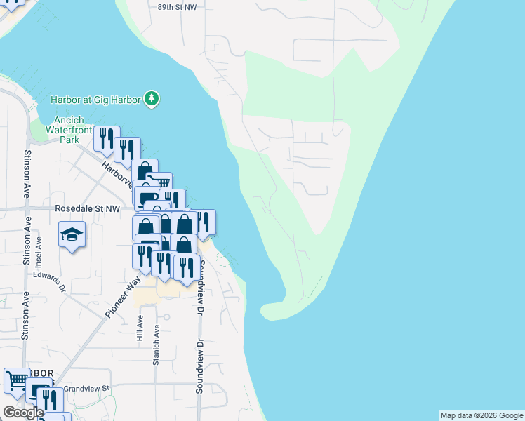 map of restaurants, bars, coffee shops, grocery stores, and more near 8002 Goodman Drive Northwest in Gig Harbor