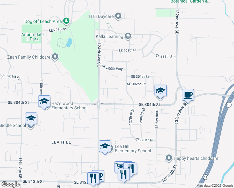map of restaurants, bars, coffee shops, grocery stores, and more near 12530 Southeast 304th street in Auburn