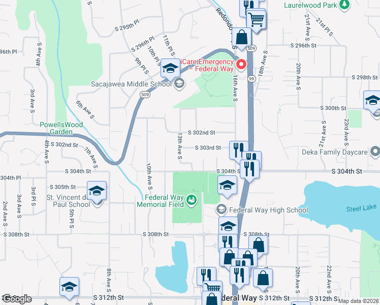 map of restaurants, bars, coffee shops, grocery stores, and more near 1302 South 303rd Street in Federal Way