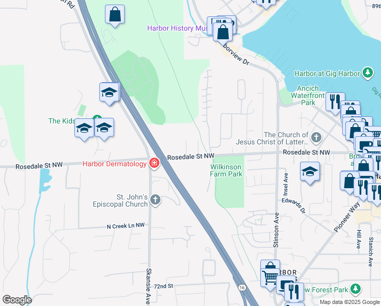 map of restaurants, bars, coffee shops, grocery stores, and more near 8003 Mitts Lane Northwest in Gig Harbor