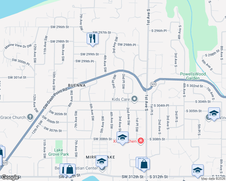 map of restaurants, bars, coffee shops, grocery stores, and more near 30161 3rd Place Southwest in Federal Way