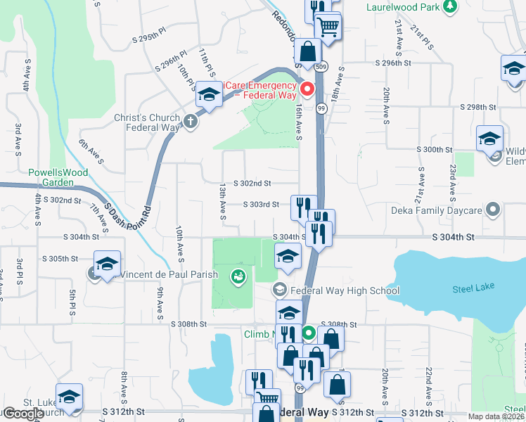 map of restaurants, bars, coffee shops, grocery stores, and more near 1414 South 303rd Street in Federal Way