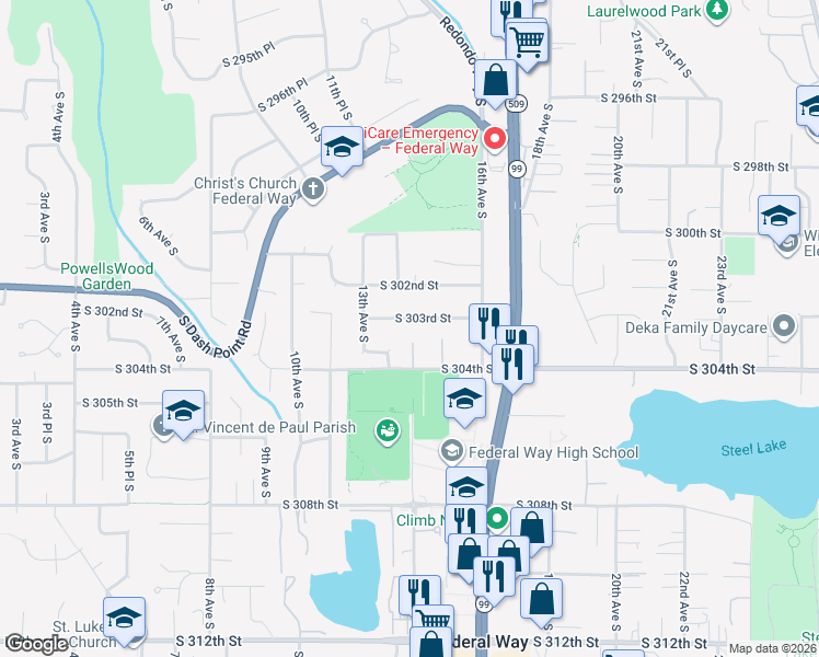 map of restaurants, bars, coffee shops, grocery stores, and more near 1414 South 303rd Street in Federal Way