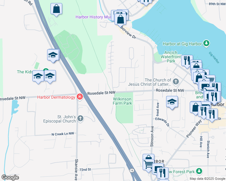 map of restaurants, bars, coffee shops, grocery stores, and more near 4203 Rosedale Street Northwest in Gig Harbor