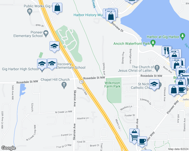 map of restaurants, bars, coffee shops, grocery stores, and more near 8001 Mitts Lane Northwest in Gig Harbor