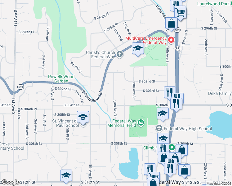 map of restaurants, bars, coffee shops, grocery stores, and more near 30312 10th Avenue South in Federal Way