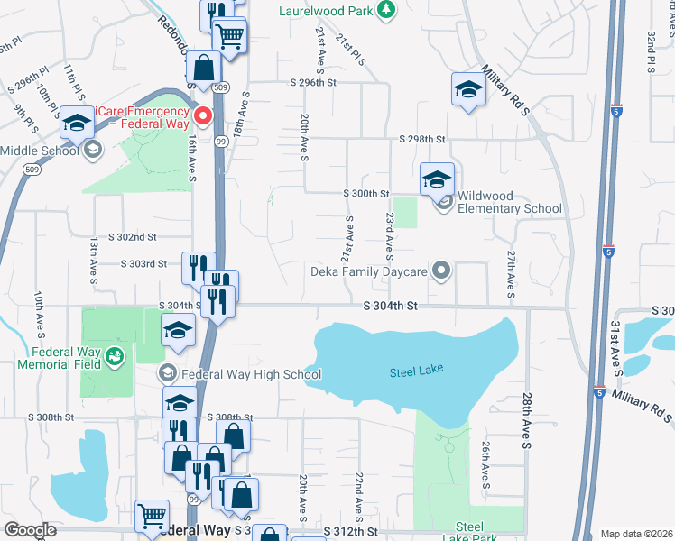 map of restaurants, bars, coffee shops, grocery stores, and more near 2030 South 302nd Place in Federal Way