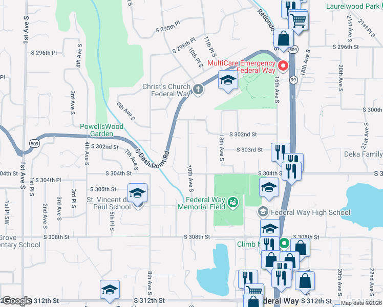 map of restaurants, bars, coffee shops, grocery stores, and more near 30312 10th Avenue South in Federal Way